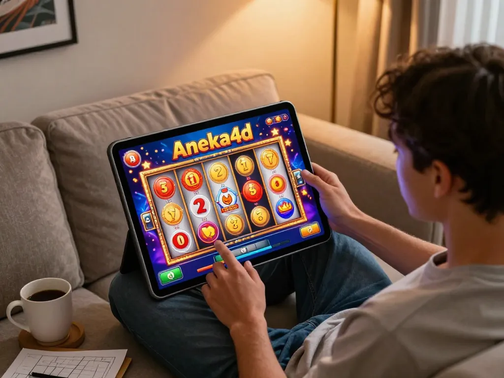Permainan online yang menarik dari permainan slot aneka4d di tablet, antarmuka cerah dengan gulungan berputar, suasana rumah yang nyaman.
