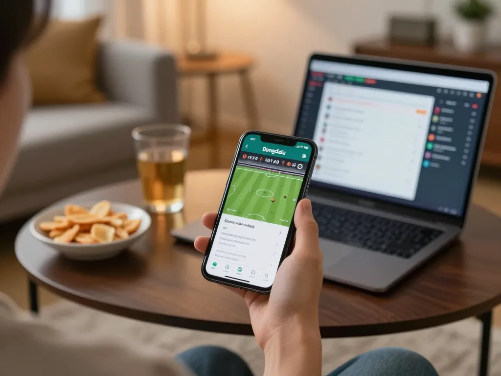 Bongdalu app user checking live soccer scores on smartphone in a cozy home setting.