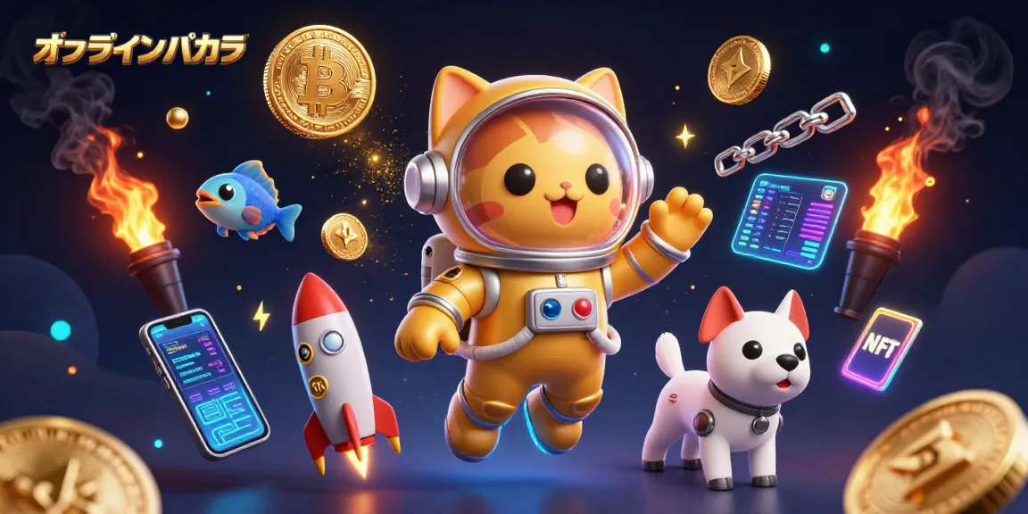 オンラインバカラをテーマにした3D宇宙猫のデジタルイラスト、暗い宇宙背景で輝くコインとNFT要素