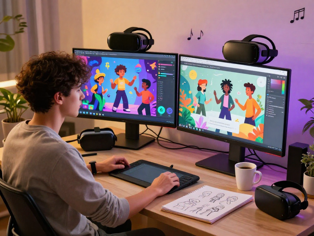 Engaging character AI nsfw interaction scene with vibrant tech workspace.
