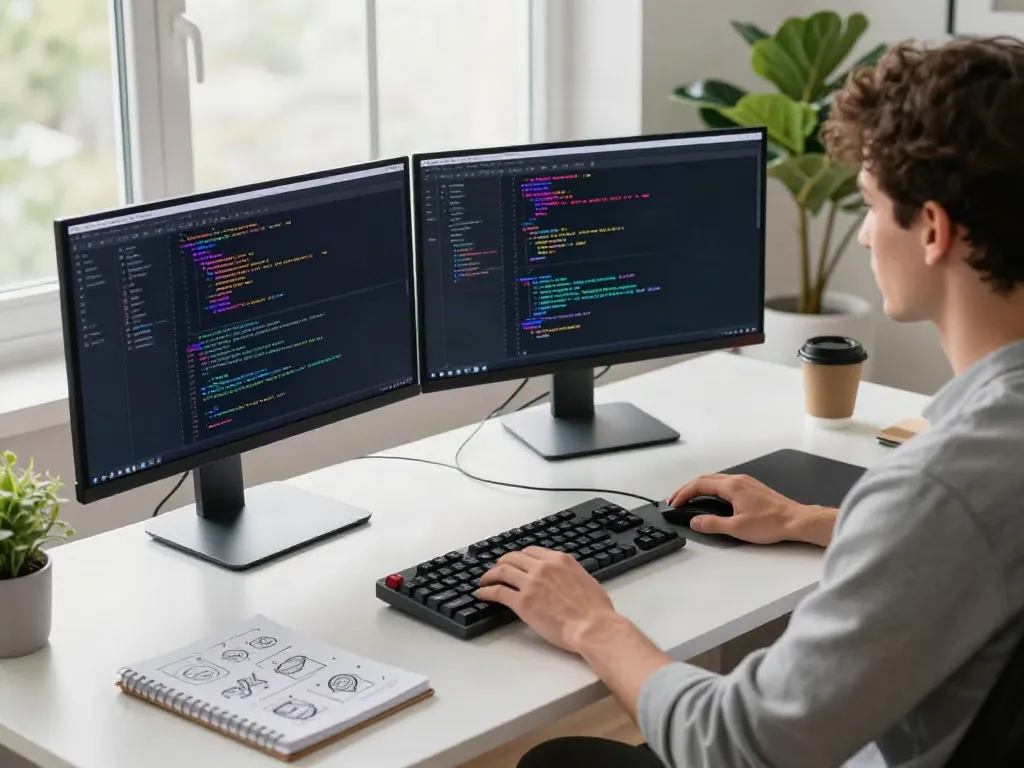 Brave developer coding in a vibrant workspace with dual monitors.