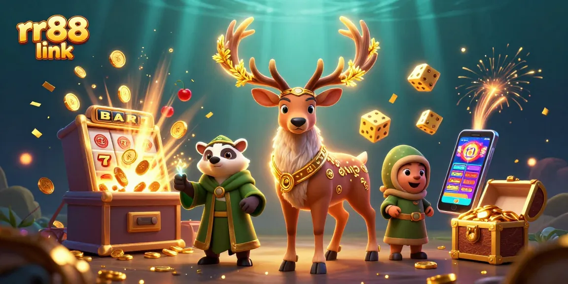 Engage with the rr88 link through an exciting casino adventure illustrated with vibrant characters and dynamic game elements.