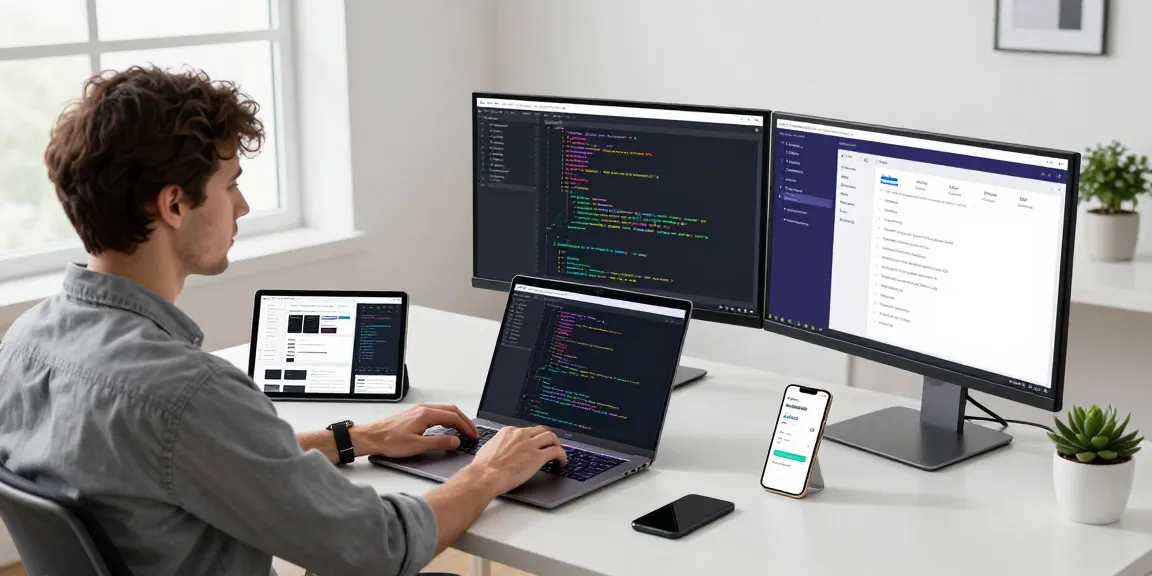 Dynamic software development workspace with vibrant screens, coding and project management, depicting telegram官网 solution.