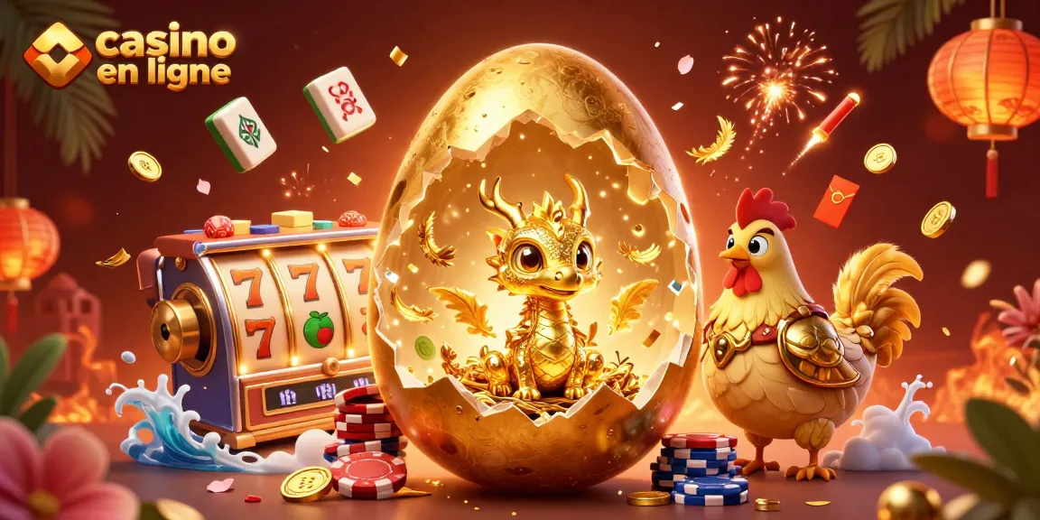 Explorez le casino en ligne avec un dragon doré, des jetons de poker, et des éléments de jeu dynamiques.