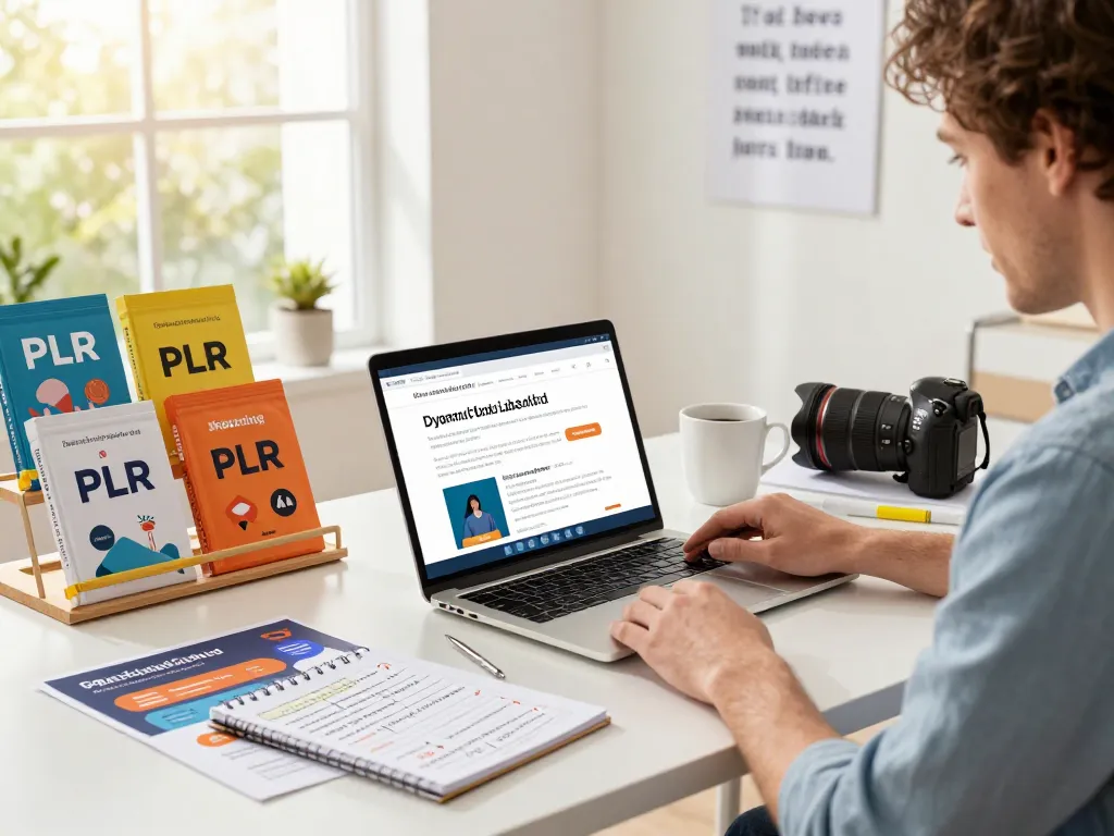 Buy Private Label Rights Products displayed in a productive workspace with entrepreneur analyzing PLR content.