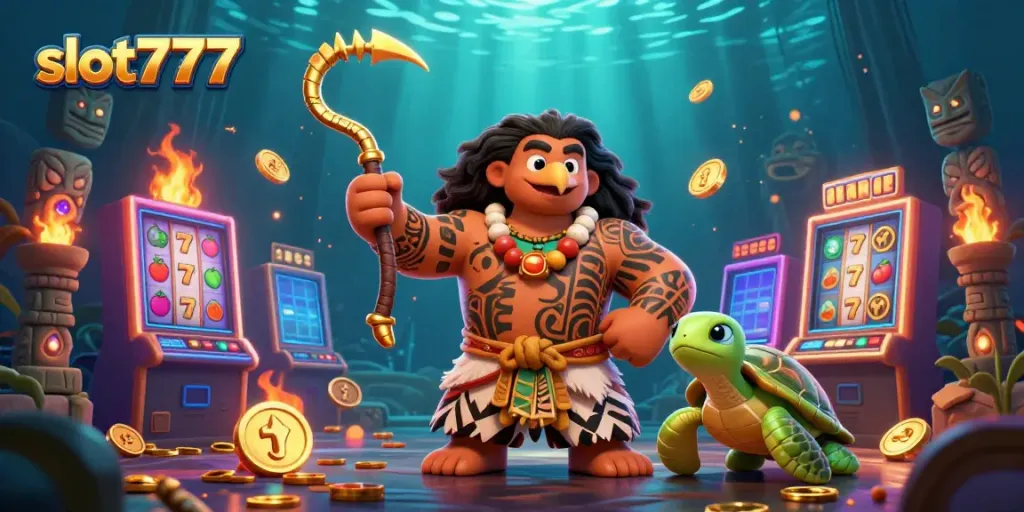 Engage with slot777's vibrant world featuring a tribal demigod hawk and a moana-style turtle at a lively casino backdrop.