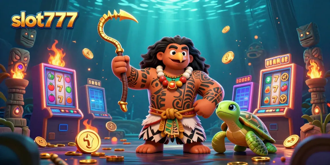 Engage with slot777's vibrant world featuring a tribal demigod hawk and a moana-style turtle at a lively casino backdrop.