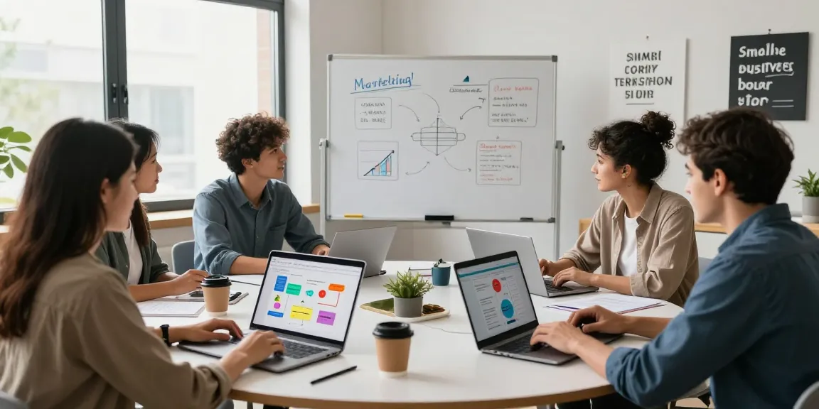 Marketing course for small businesses with diverse learners collaborating in a bright study space.