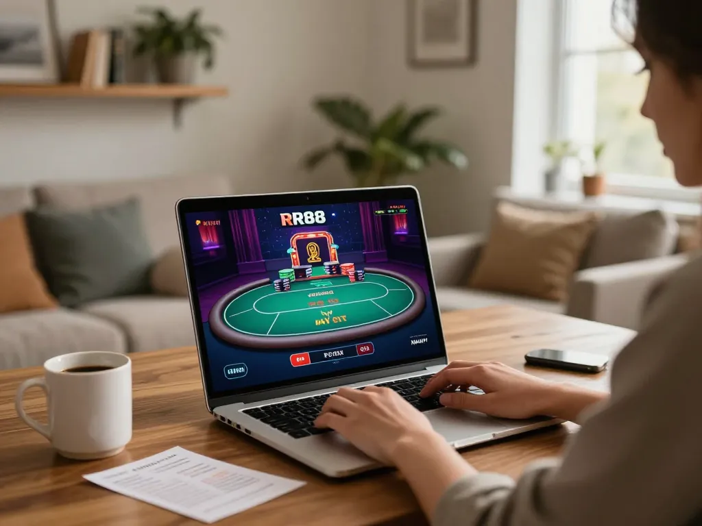 Online gaming scene featuring a laptop with RR88 NAVY poker game interface, conveying a cozy atmosphere.