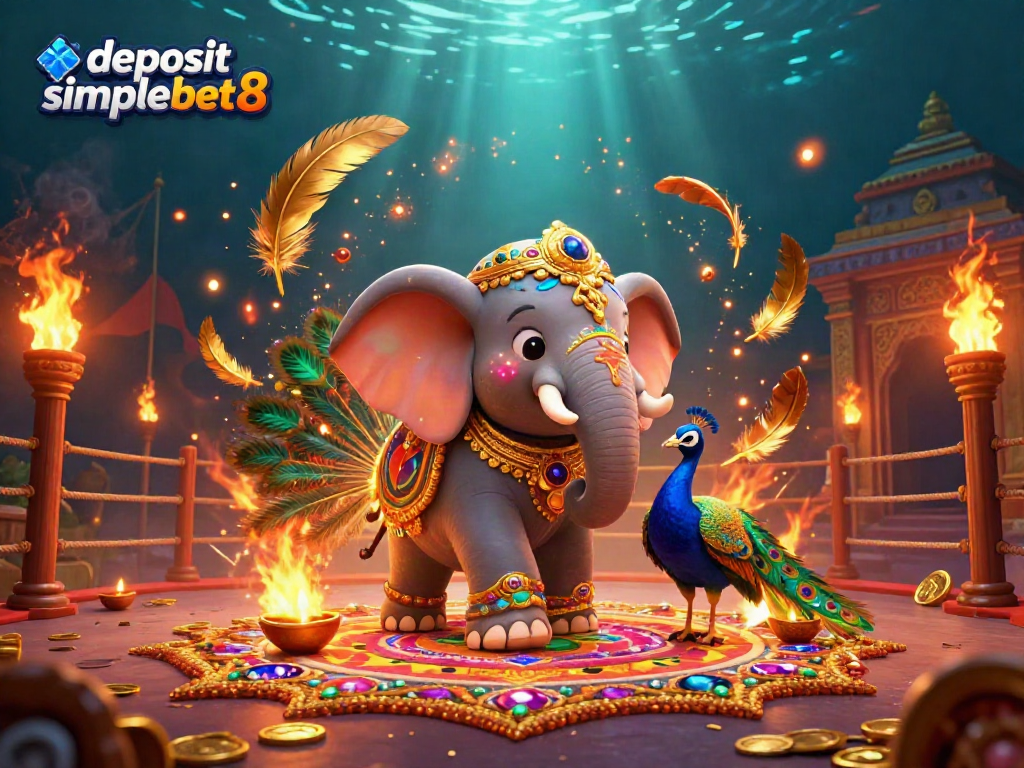 Engage with thrilling gaming action as you deposit simplebet8 for a winning experience featuring a vibrant 3D elephant and peacock.