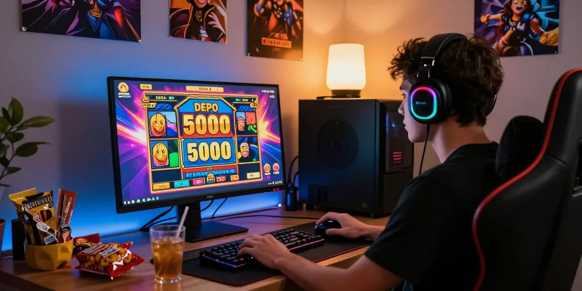 Exciting online slot depo 5000 gaming scene showcasing vibrant graphics and an enthusiastic player.