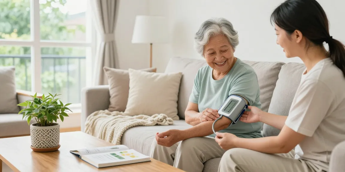 Monitor readings with an electronic blood pressure monitor in a cozy living room setting, emphasizing home health care and family support with 電子血壓計.