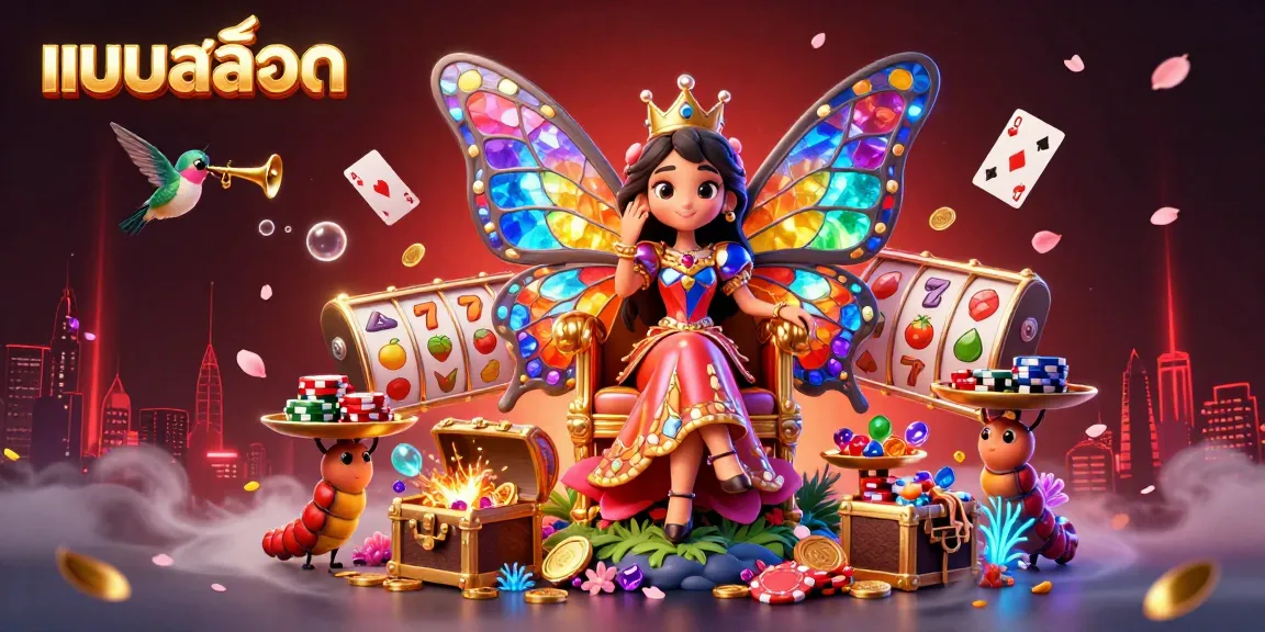 Engage in แบบสล็อต with vibrant 3D illustration showcasing spinners, reels, and colorful characters.