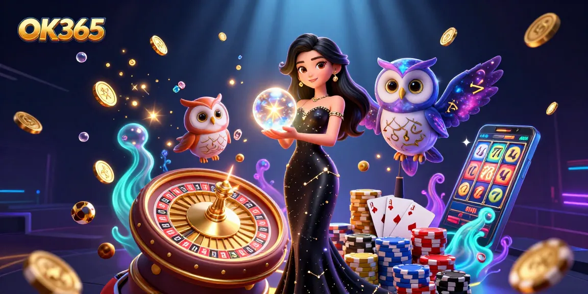 Experience OK365's thrilling gaming world with a glowing crystal ball and an owl, surrounded by casino treasures.