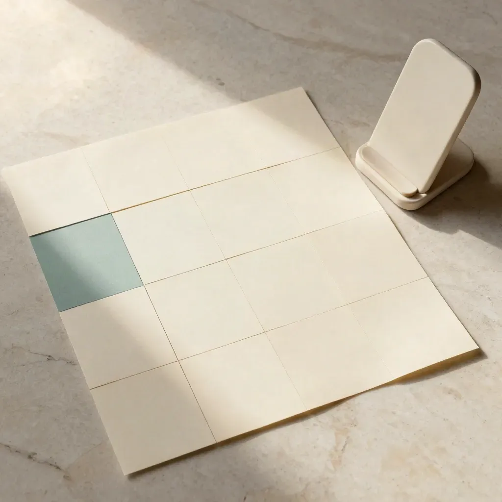 Flat lay of blank content tiles, teal chips, and a ceramic phone stand on travertine.
