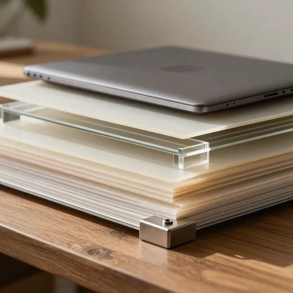 Layered layout sheets, closed laptop, acrylic blocks and a corner weight on a walnut surface.