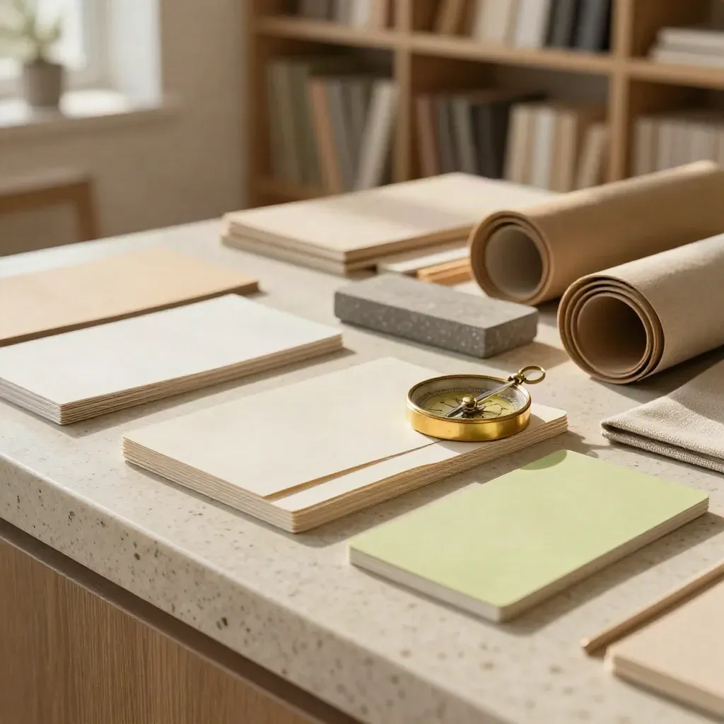 Blank mood cards, paper swatches, brass compass and stone sample on a sunlit travertine ledge.