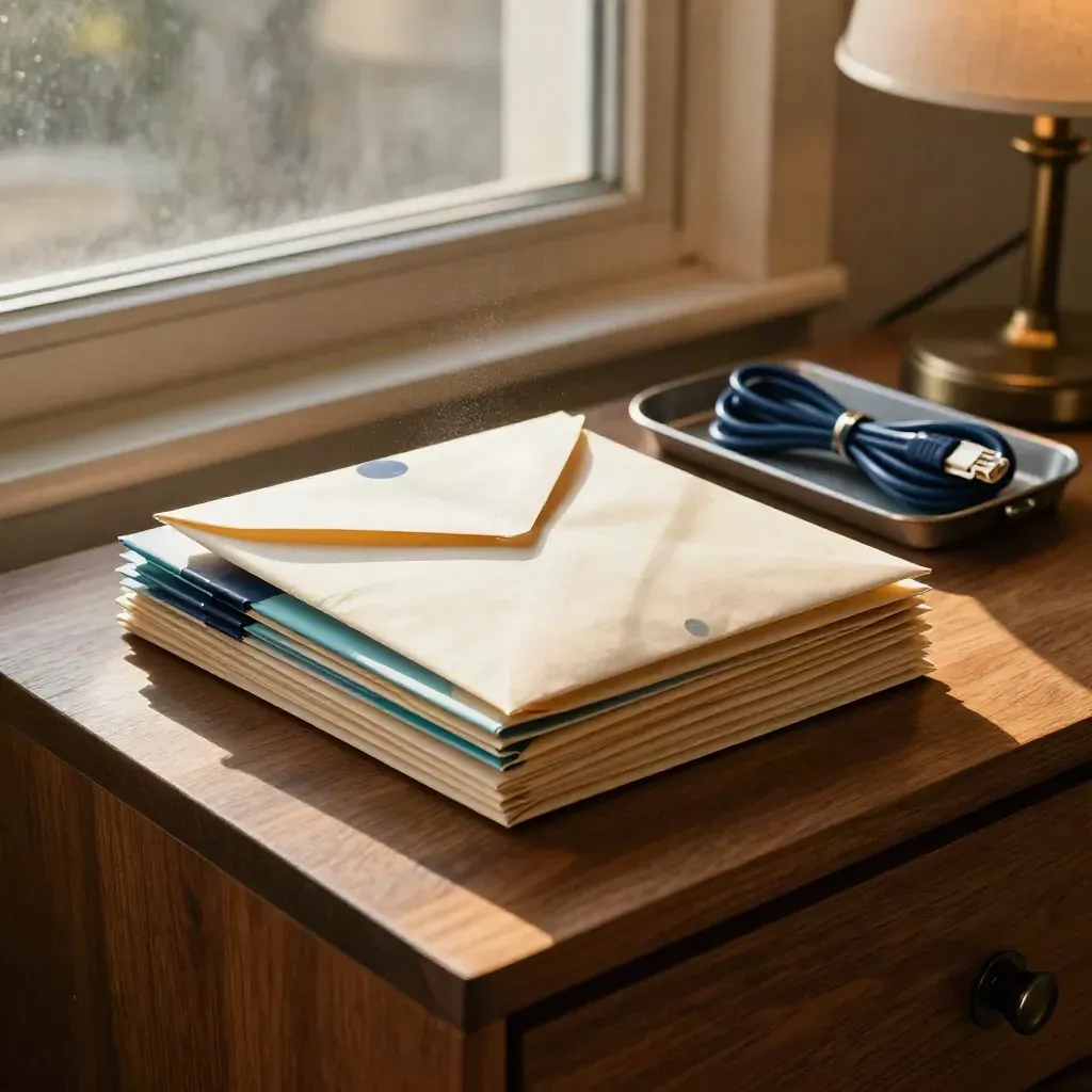 Outreach-ready envelopes, binder clips, inbox tray and coiled cable in a sunlit office nook.