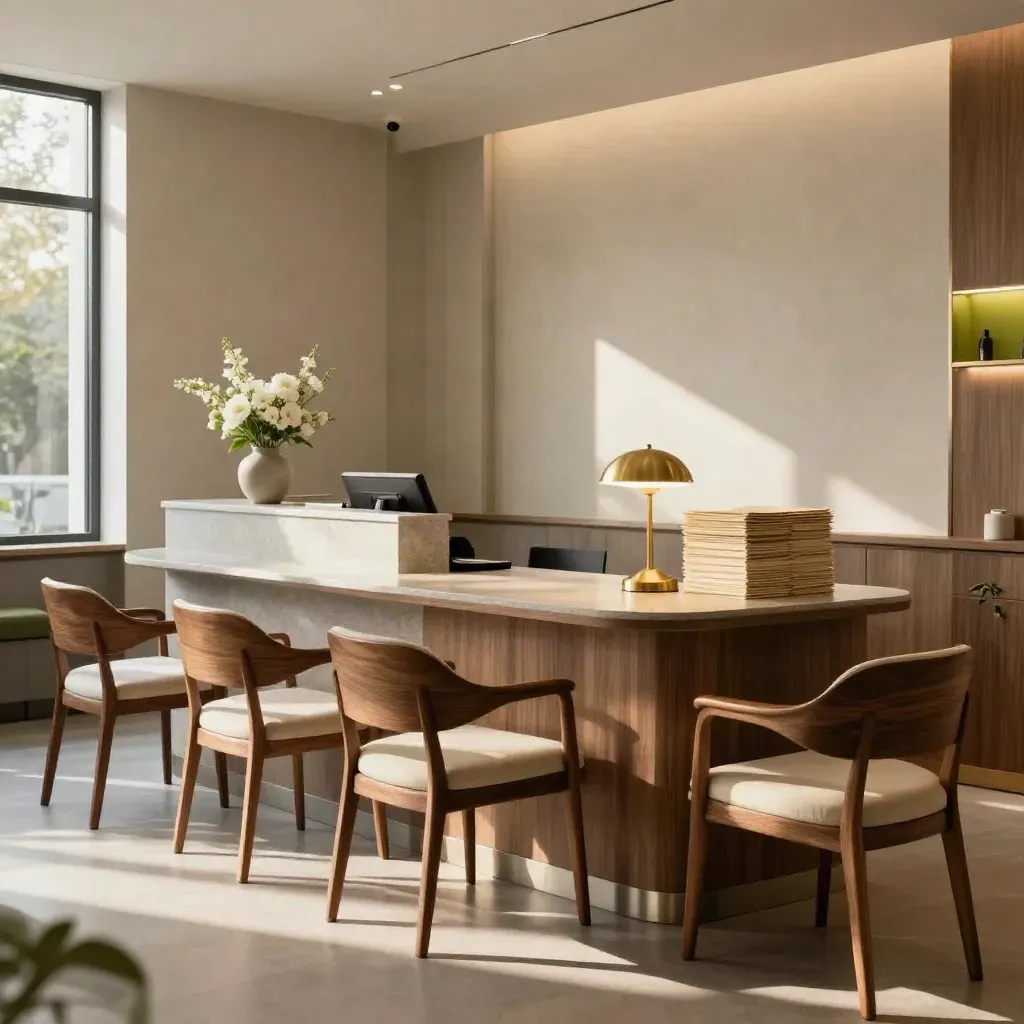 Empty clinic reception with polished chairs, lamp, flowers and folders in warm afternoon light.