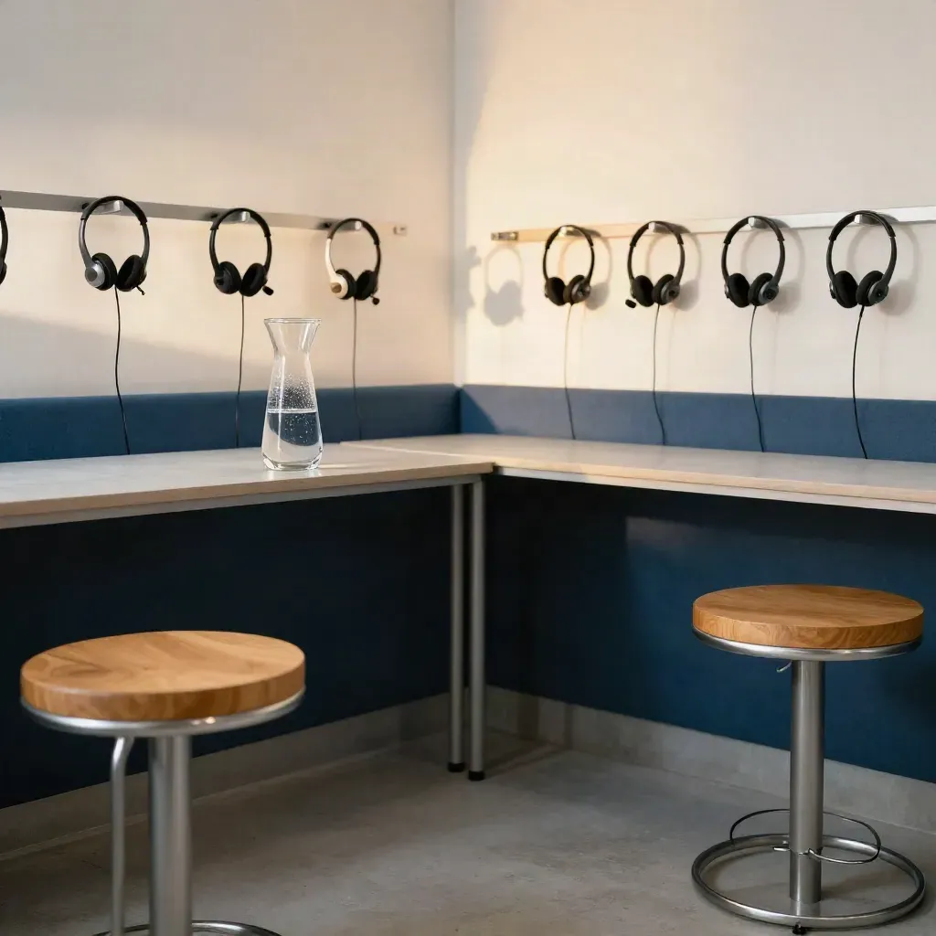 Empty startup demo corner with stools, carafe, and hanging headsets in soft daylight.