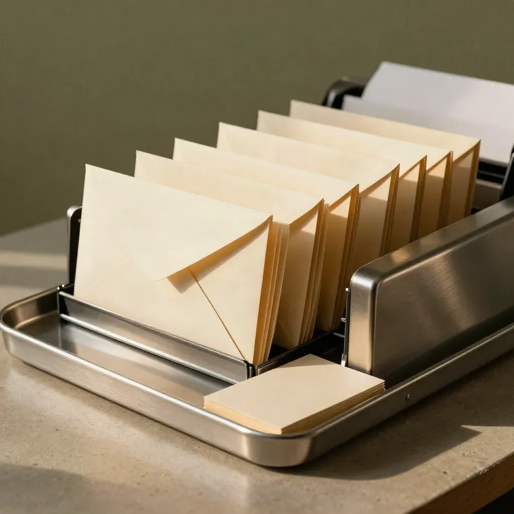 Sealed envelopes in a steel sorter with blank reply cards in moody light