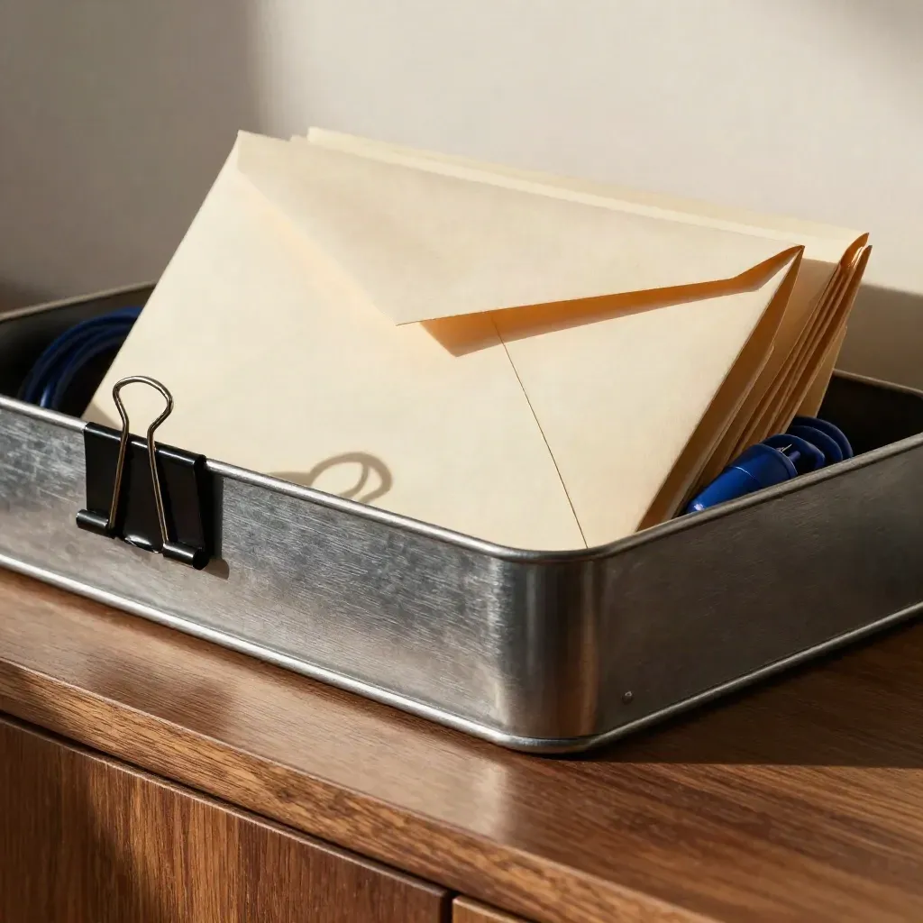 Metal inbox tray with envelopes, binder clips and a cable coil on walnut.