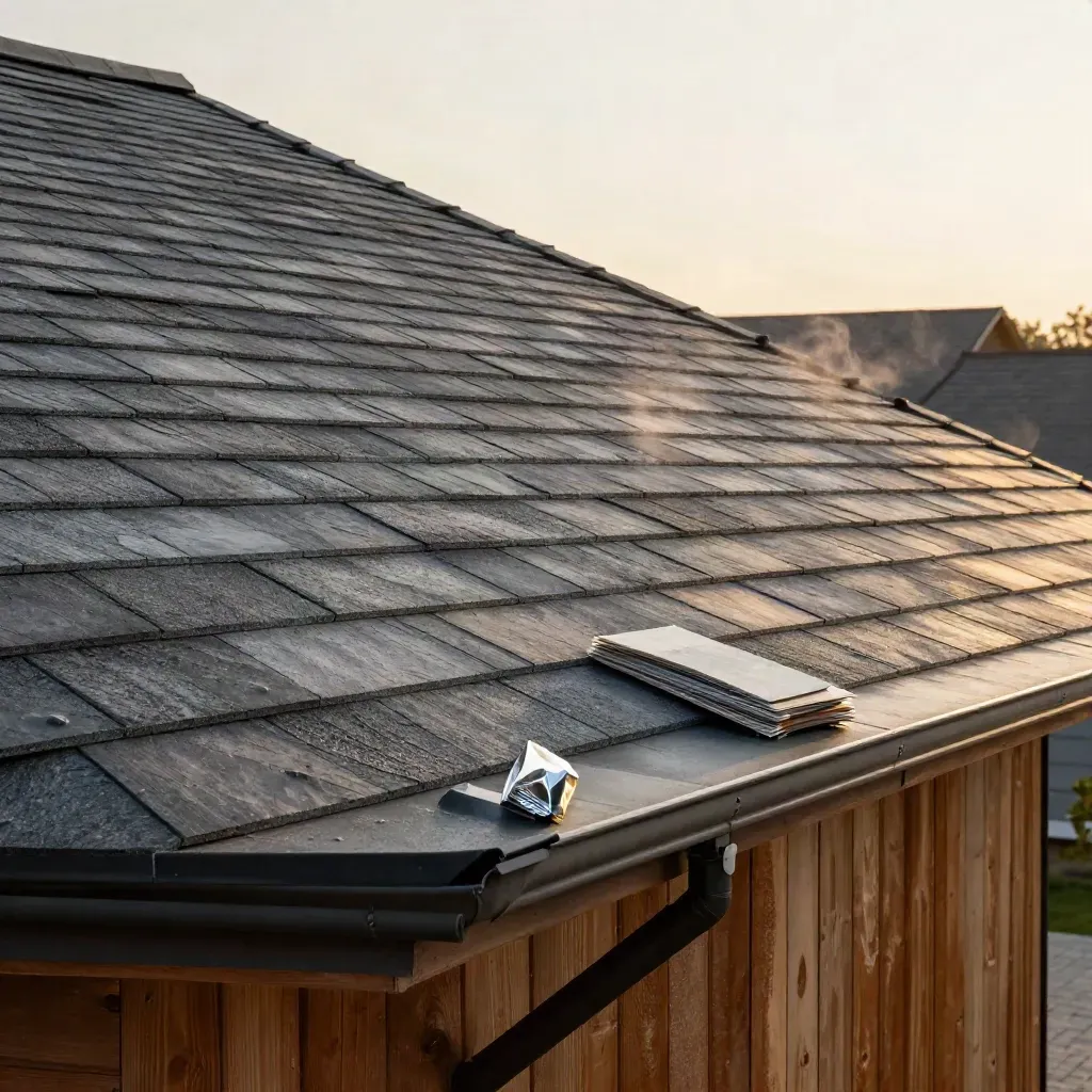 Finished slate roofline with new shingles, gutters, and bundled materials in warm evening light.