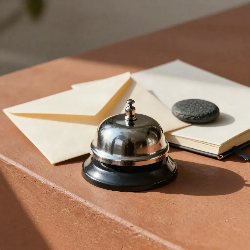 Service bell with envelope, stone token and notebook on a terracotta ledge in soft daylight.