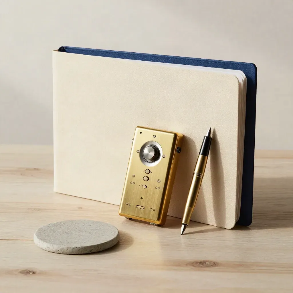 Closed intake folder, brass recorder, fountain pen and stone coaster on pale wood.