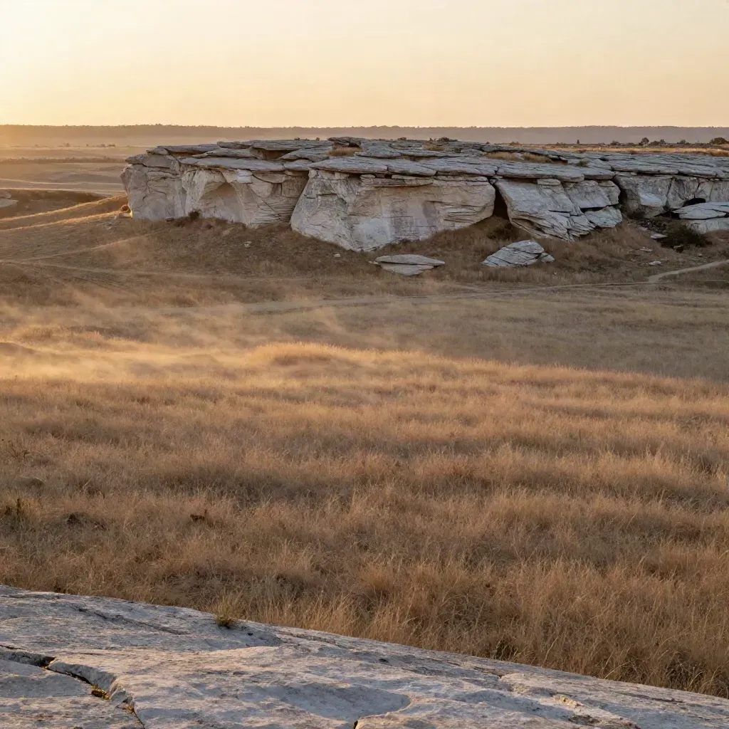 Texas hill-country limestone at dusk with tawny grass and distant skyline