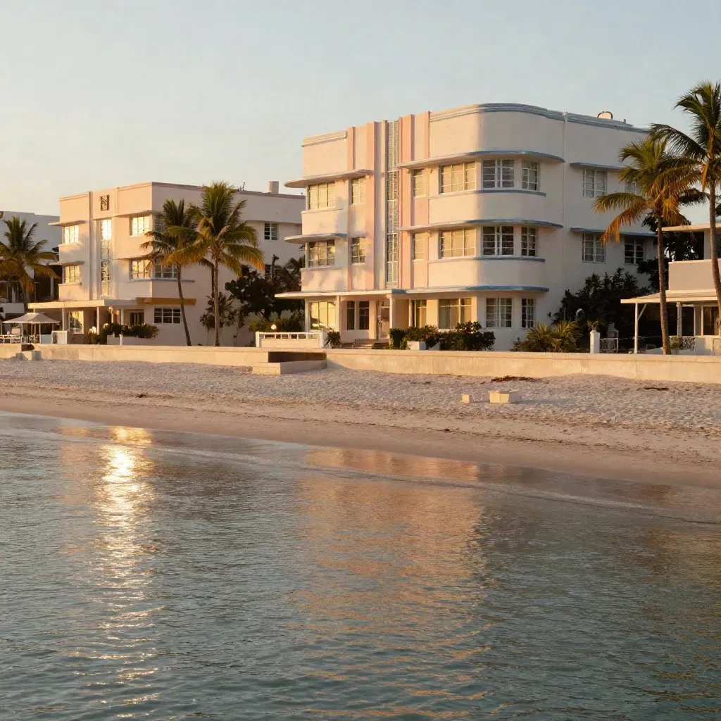Florida art deco shoreline above calm water and palms at sunset.