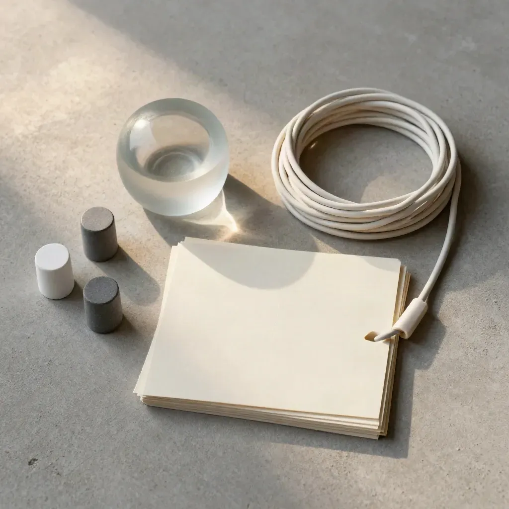 Overhead flatlay of blank cards, pegs, paperweight and cable on cool concrete.