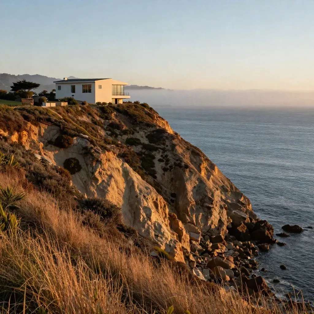 Sunlit California bluffs with a modern shoreline house above a calm blue Pacific