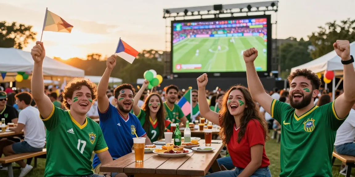 Penggemar bersorak di pesta menonton luar ruangan untuk prediksi piala dunia 2026 dengan suasana meriah.