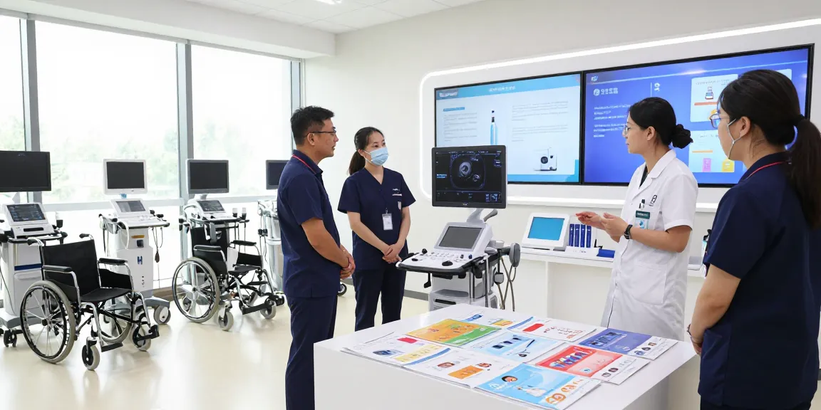 Healthcare professionals engaging with medical equipment suppliers demonstrating advanced ultrasound machine in modern showroom