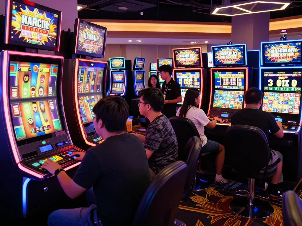Players enjoying slot gacor games in a lively casino atmosphere, showcasing excitement and engagement