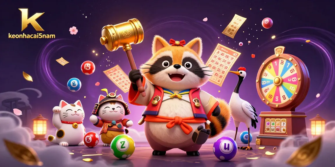 Engage with keonhacai5nam through a vibrant scene featuring a joyful tanuki surrounded by lottery excitement.