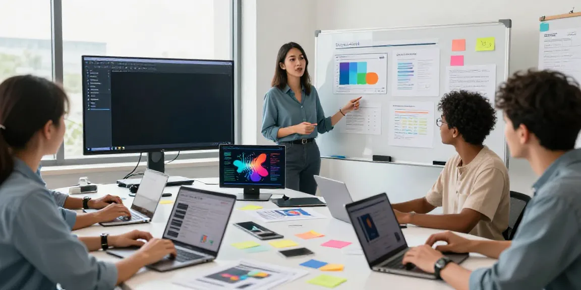Creative team discussing AI tools for explainer articles in a modern digital marketing workspace.