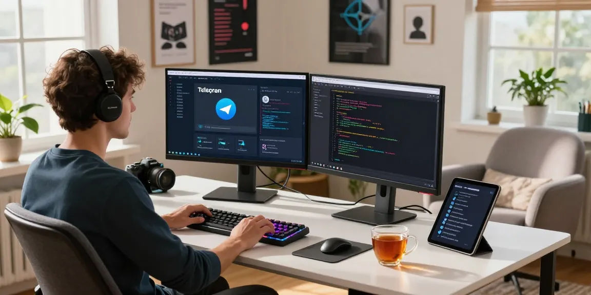 Developer engaging with telegram官网 interface in a bright home office