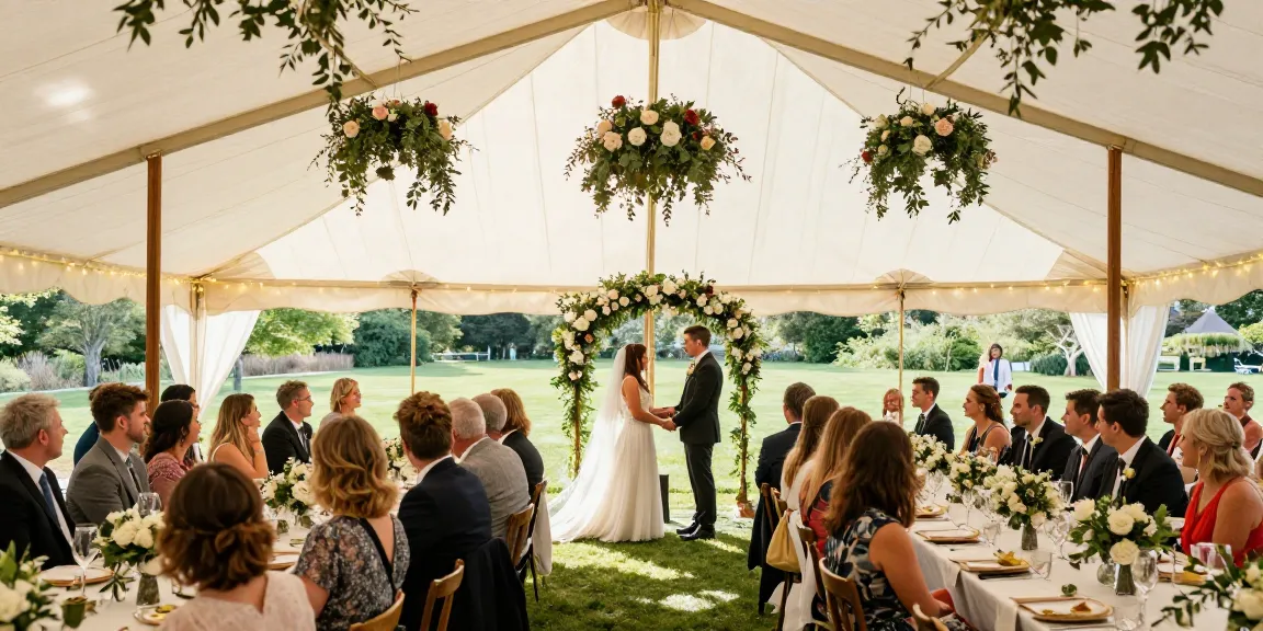 Stunning outdoor wedding setup showcasing marquee hire London with floral decor and joyful celebration.
