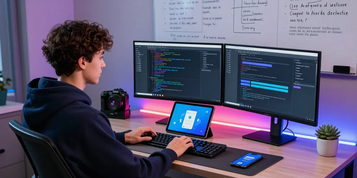 Developer exploring the latest features of telegram官网 on multiple screens in a modern workspace.