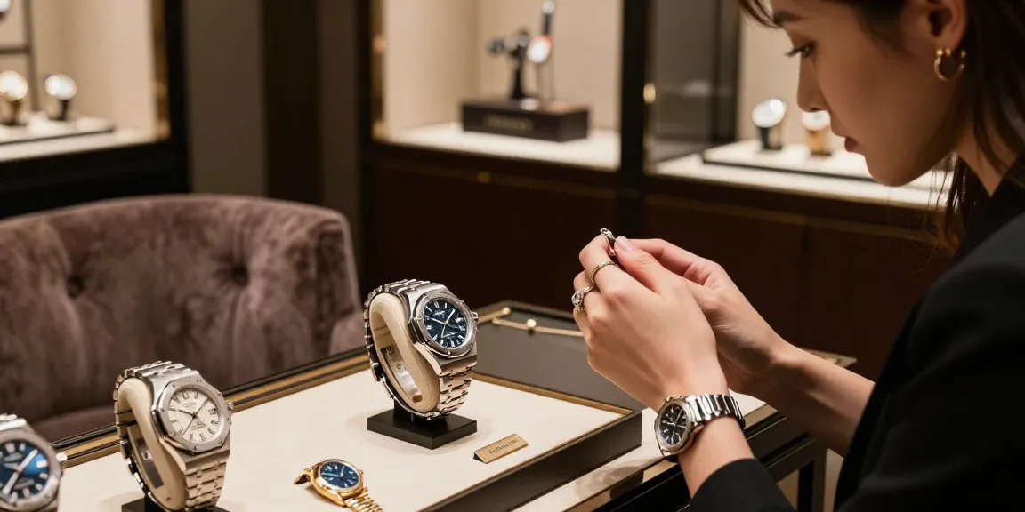 Admiring super clone watches in a luxurious boutique, showcasing Rolex details and ambiance.