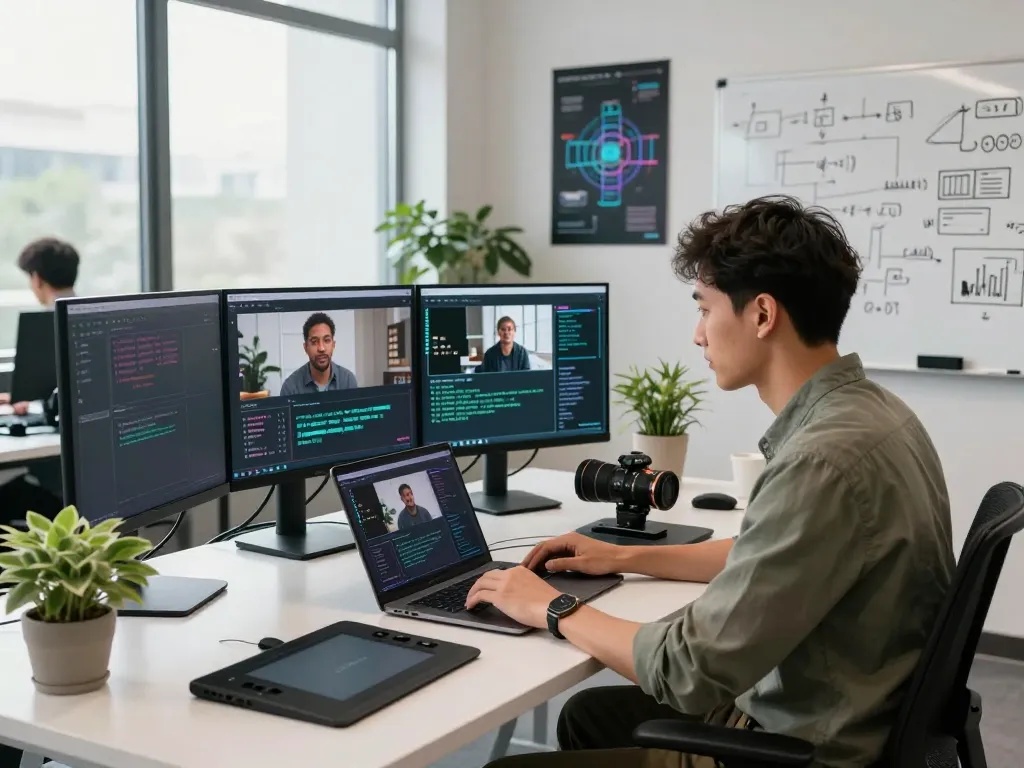 Video to prompt ai analysis in a modern workspace, showcasing AI-generated prompts on multiple screens in a dynamic tech setting.
