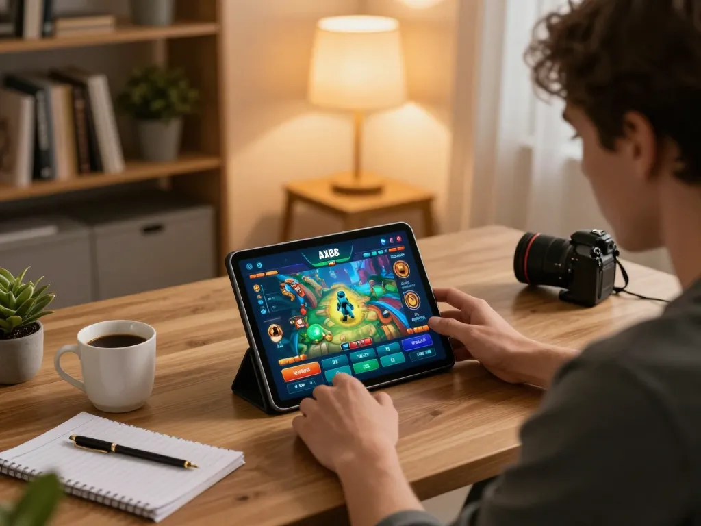 Engaged player enjoying the ax88 game on a tablet in a cozy home setting, showcasing responsible gaming.