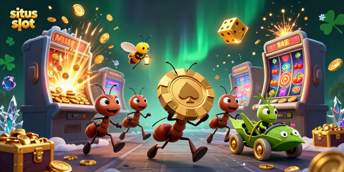 Situs slot heist scene with ants, poker chip, and vibrant casino symbols.