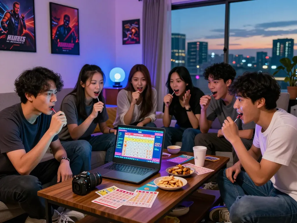 Togel Hongkong enthusiasts watching the live draw with excitement in a cozy setting