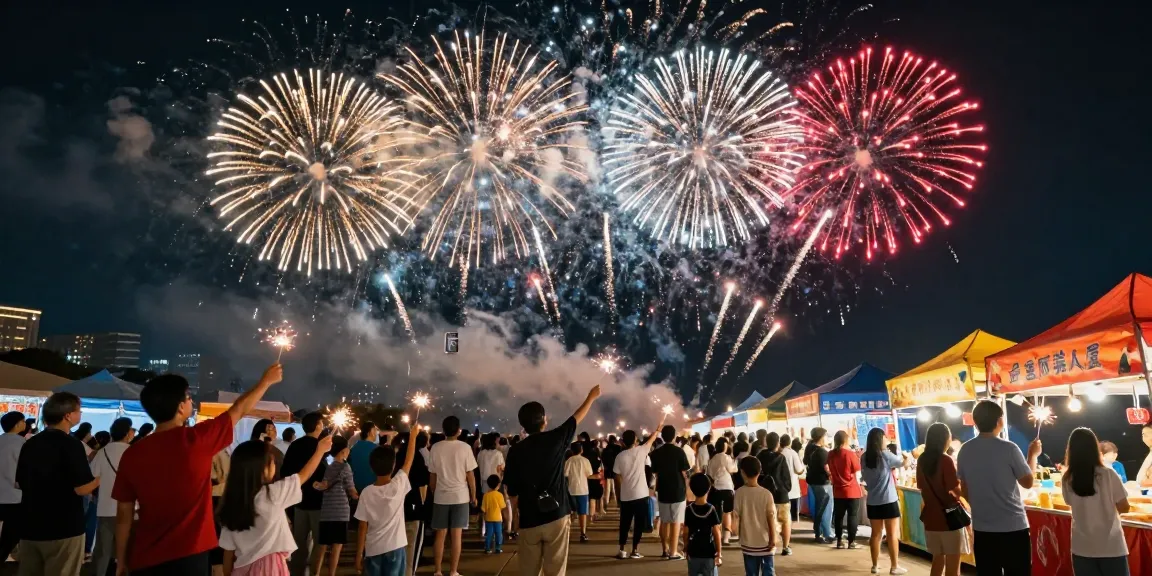 Colorful fireworks display at a nighttime festival in the UK with families enjoying the celebration