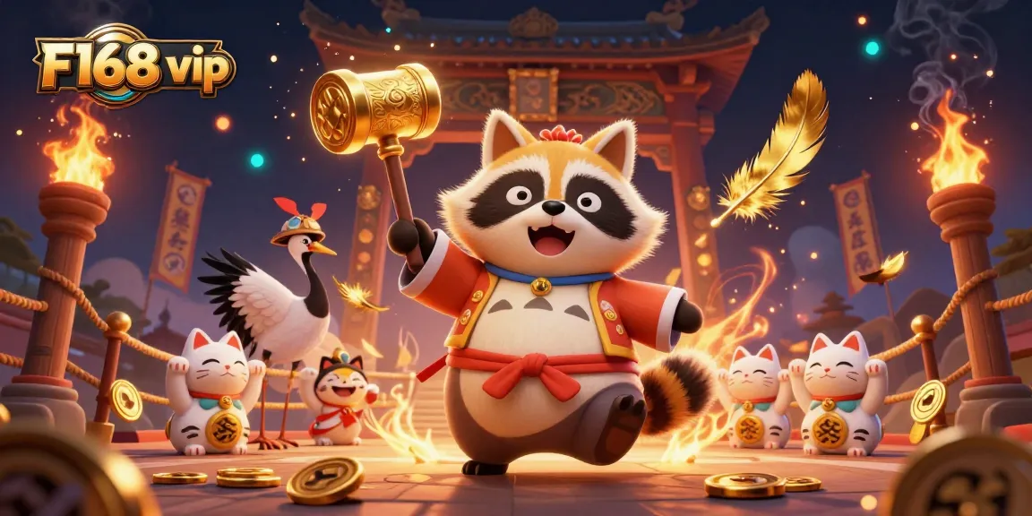 Experience thrilling action with F168 vip's vibrant gaming scene featuring a lucky raccoon and fortune cats.