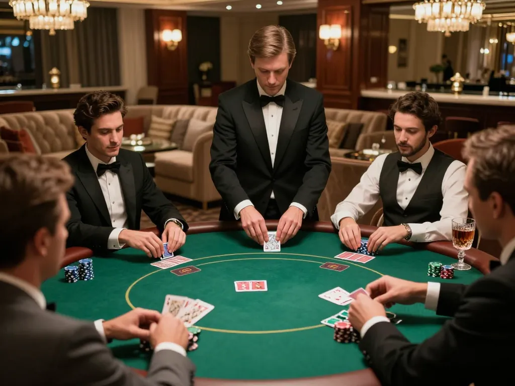 Players engaging in high-stakes poker at 388bet's elegant VIP lounge, showcasing strategic gameplay.