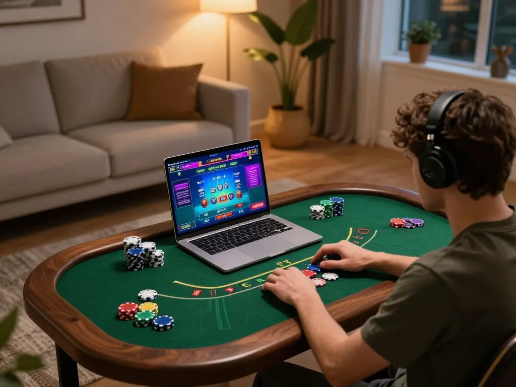 Engaging online casino experience with onbet where a player operates a laptop in a cozy living room setting